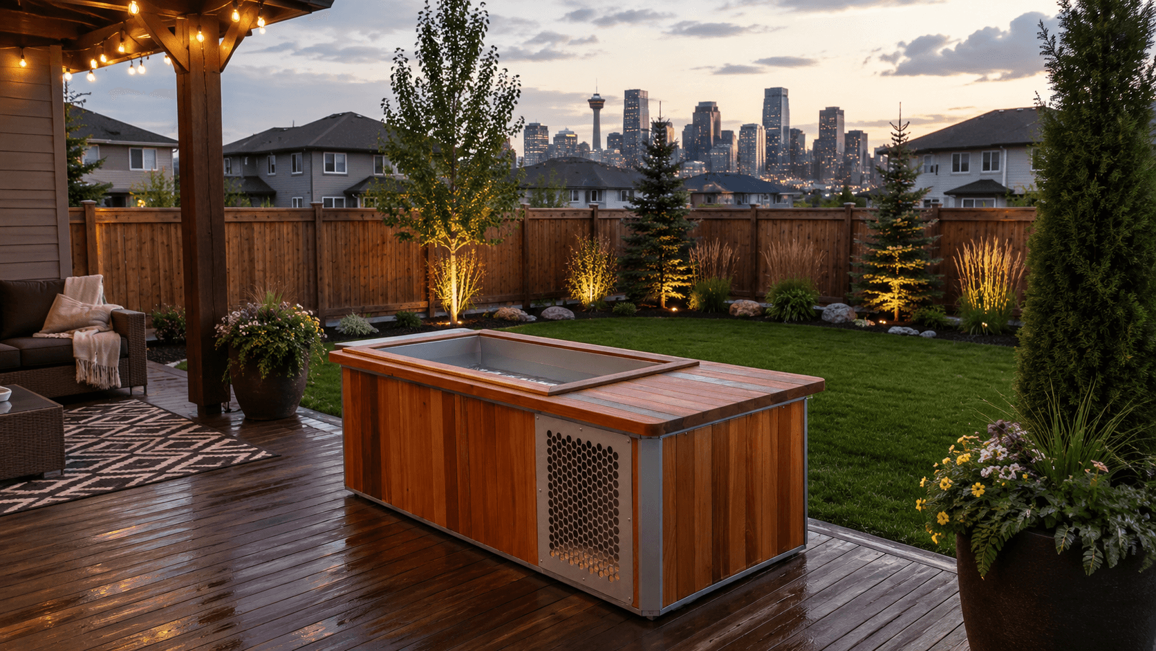 Cedar cold plunge on a Calgary backyard deck at dusk, city skyline glowing beyond the fence