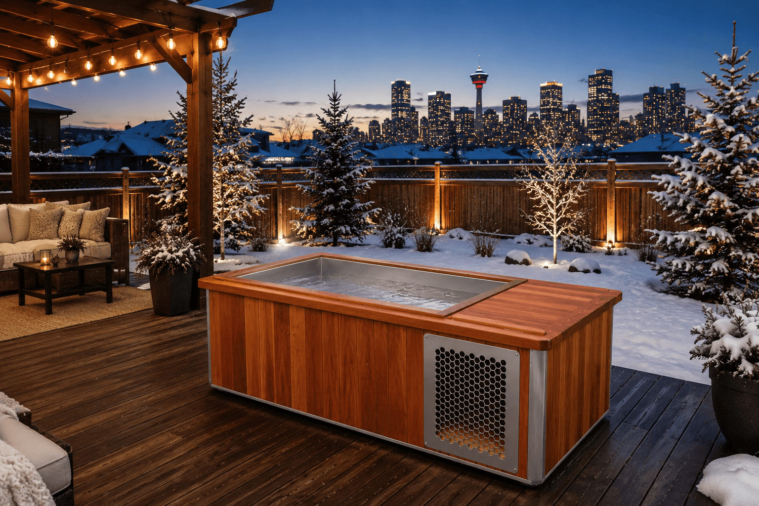 Steam rising off the cold plunge in falling snow, warm lights along a cedar fence